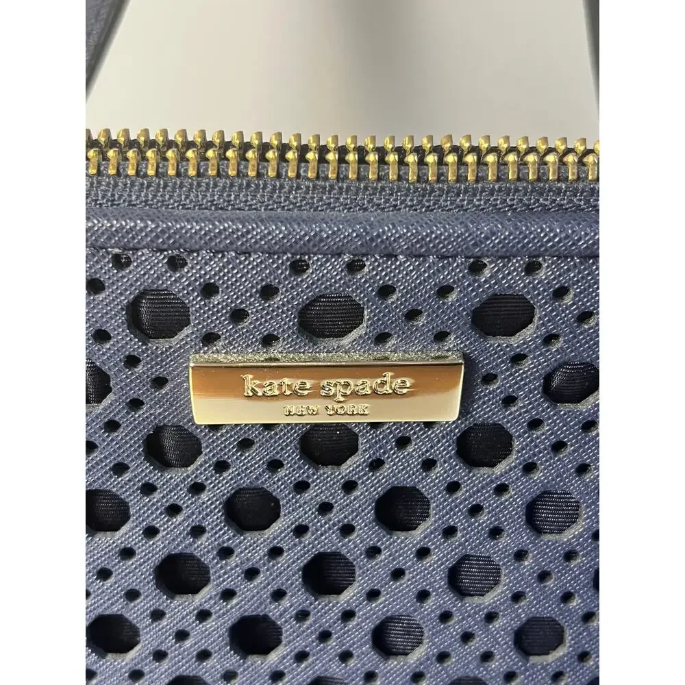 Kate Spade Navy Blue Perforated Leather Dome Satchel Handbag Gold Hardware